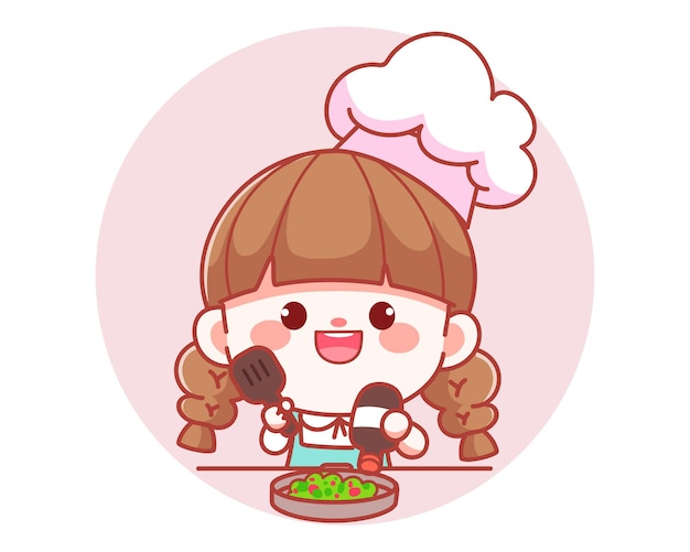 Cute girl chef cooking in kitchen banner logo cartoon art illustration