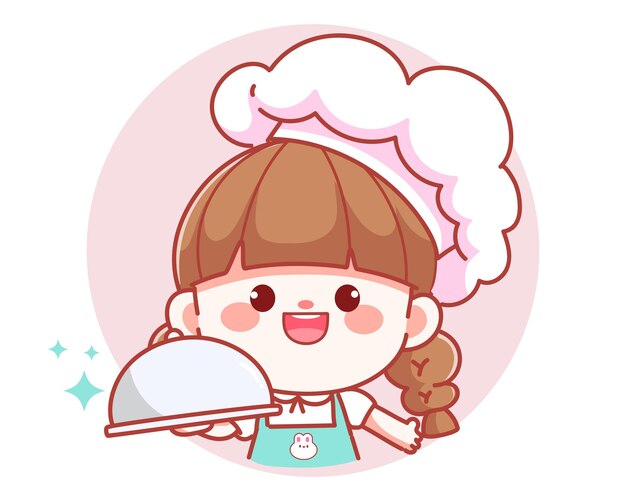 Cute girl Chef holding Tray Platter Plate banner logo cartoon art illustration