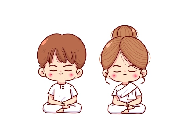 Cute girl and cute boy meditating in white clothes cartoon character hand draw art illustration