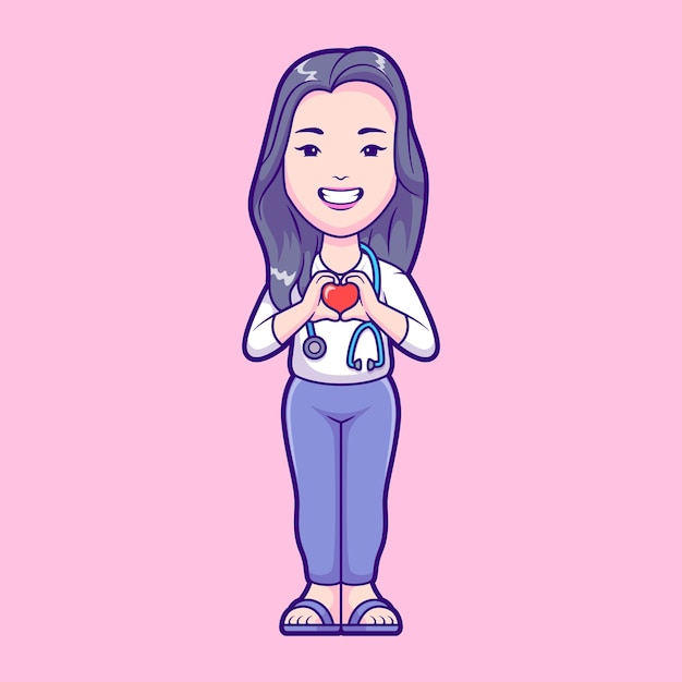 Free vector cute girl doctor holding love heart with stethoscope cartoon vector icon illustration people healthy