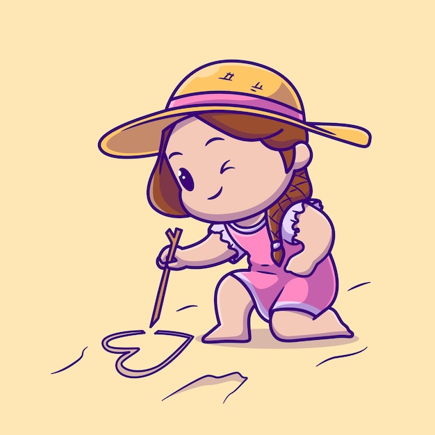 무료 벡터 모래 해변에서 사랑을 그리는 귀여운 소녀 만화 터 아이콘 일러스트레이션 휴가 사람들이 고립된 아파트