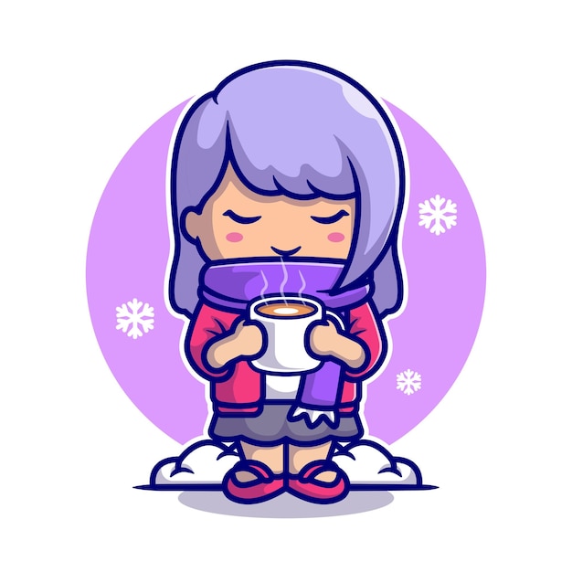 かわいい女の子は雪の漫画アイコンイラストでホットコーヒーを飲みます。