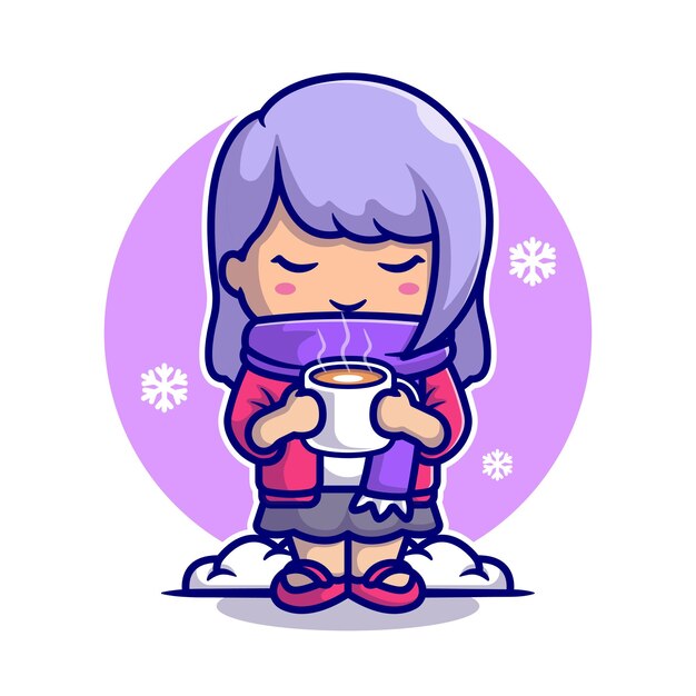 Cute Girl Drink Hot Coffee In Snow Cartoon Icon Illustration.