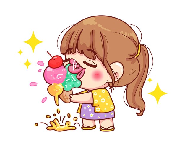 Cute girl eat ice cream cartoon illustration