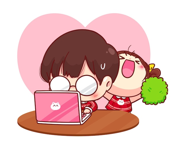 男の子は女の子に花を贈るかわいいカップル 幸せなバレンタイン 漫画のキャラクターイラスト プレミアムベクター