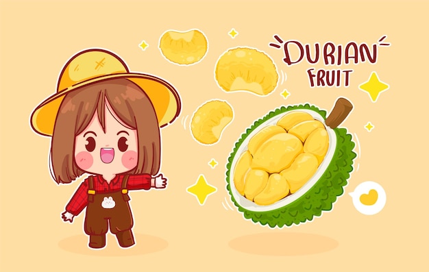 Free vector cute girl farmer and durian fruit cartoon art illustration