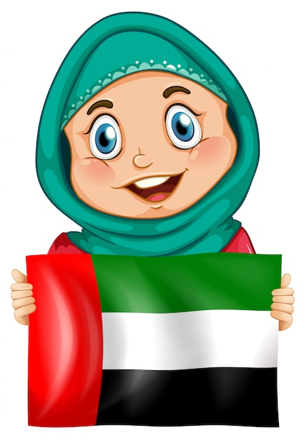 Cute girl and flag of Arab Emirates