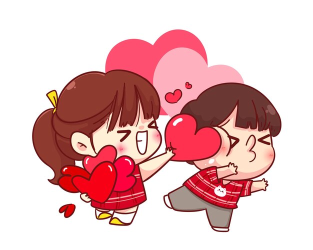 Cute girl gives her heart to her boyfriend, happy valentine, cartoon character illustration