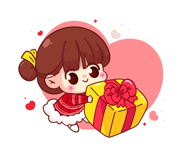 Cute girl giving gift box, happy valentine, cartoon character illustration