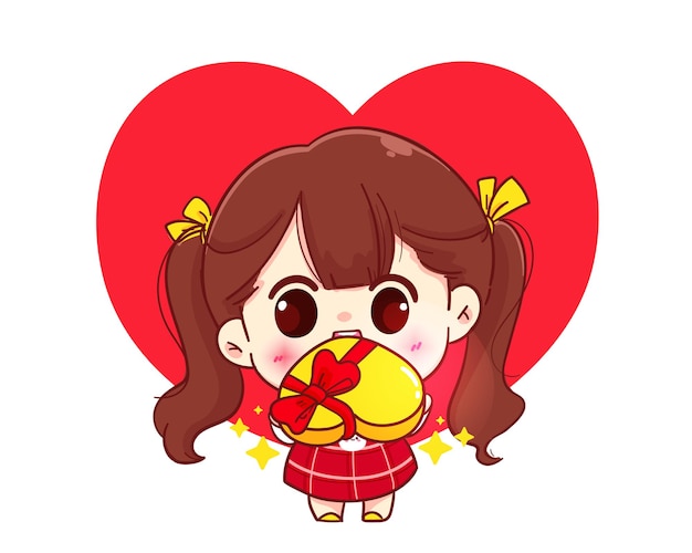 Cute girl giving gift, happy valentine, cartoon character illustration