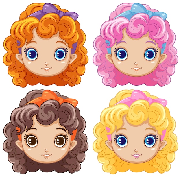 Free vector cute girl head with curly hair collection