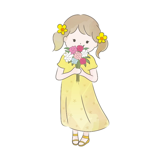 A Cute Girl Holding Bouquet Of Flowers Vector Watercolor Illustration