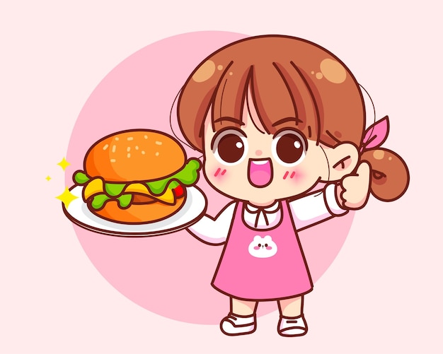 Милая девушка держит бургер фаст-фуд логотип мультфильм рука рисовать персонаж вектор искусства иллюстрации