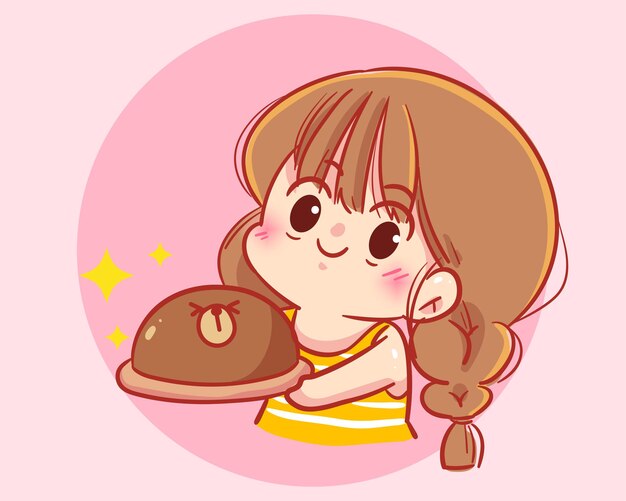 Cute girl holding cake sweet food birthday celebration character hand drawn cartoon art illustration