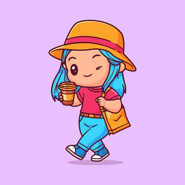 Free vector cute girl holding coffee and bag walking cartoon vector icon illustration people drink isolated flat