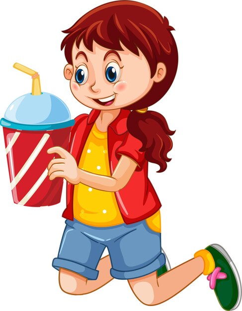 A cute girl holding drink cup cartoon character isolated on white