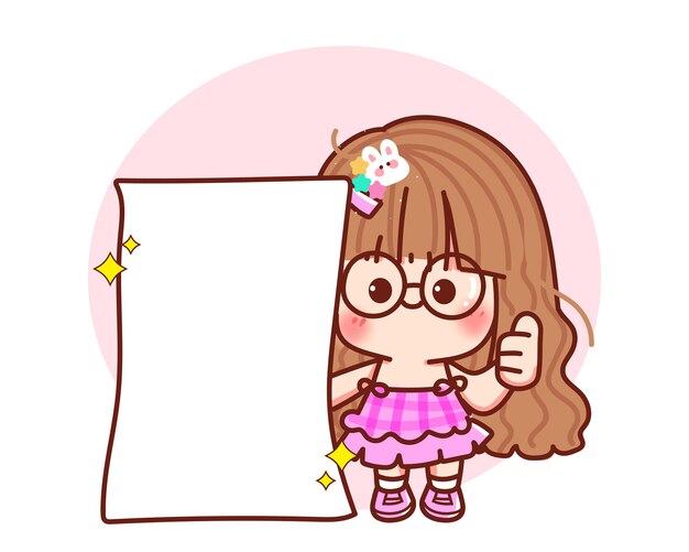 Милая девушка держит пустой баннер знак и показывает палец вверх мультфильм рисованной иллюстрации искусства шаржа