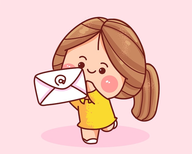 Cute girl holding envelope hand drawn cartoon art illustration
