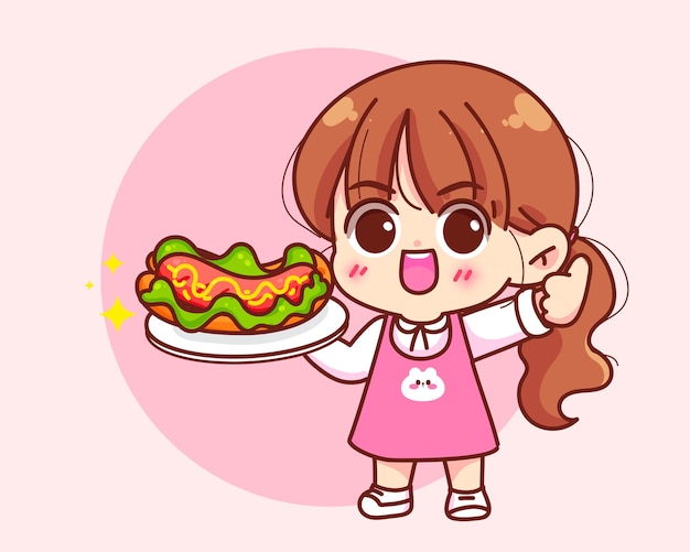 Cute girl holding  Hot dog food logo cartoon hand draw character vector art illustration