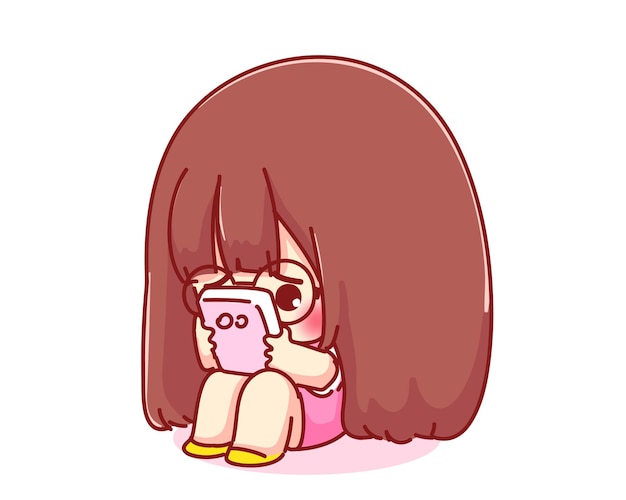 Милая девушка держит и смотрит на мобильный телефон мультипликационный персонаж иллюстрации