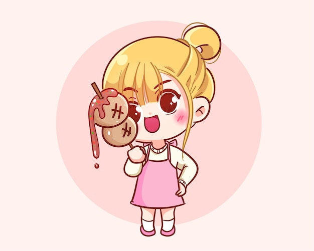 Cute girl holding meatball grill logo banner hand drawn cartoon art illustration