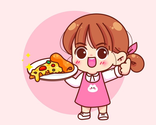 Cute girl holding pizza fast food logo cartoon hand draw character vector art illustration