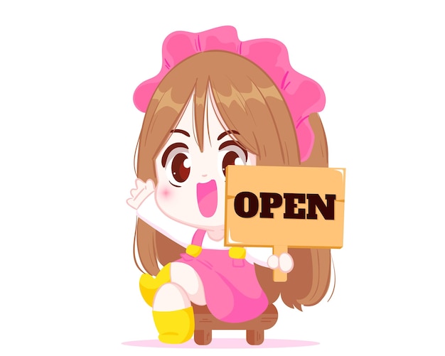 Cute girl holding shop open sign cartoon character cartoon art illustration