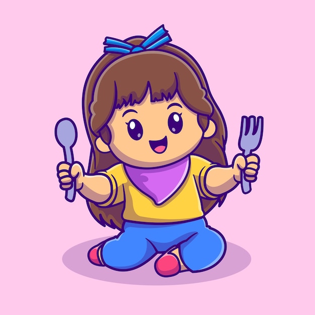 Cute girl holding spoon and fork cartoon vector icon illustration people food icon concept isolated