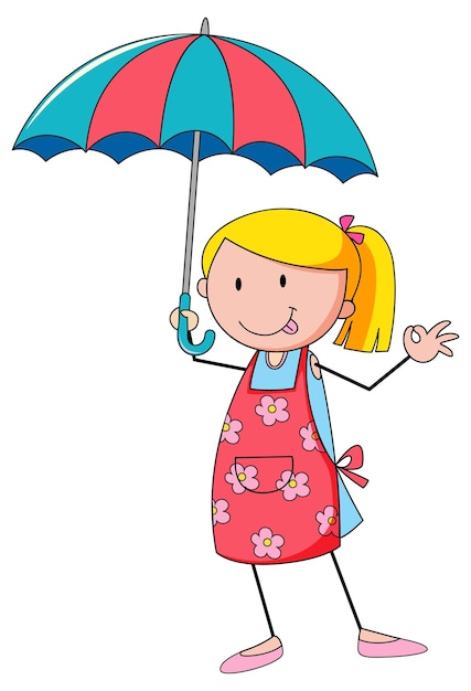 Cute girl holding umbrella doodle cartoon character isolated