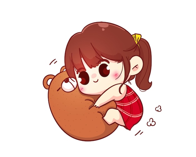 Cute girl hug teddy bear, cartoon character illustration
