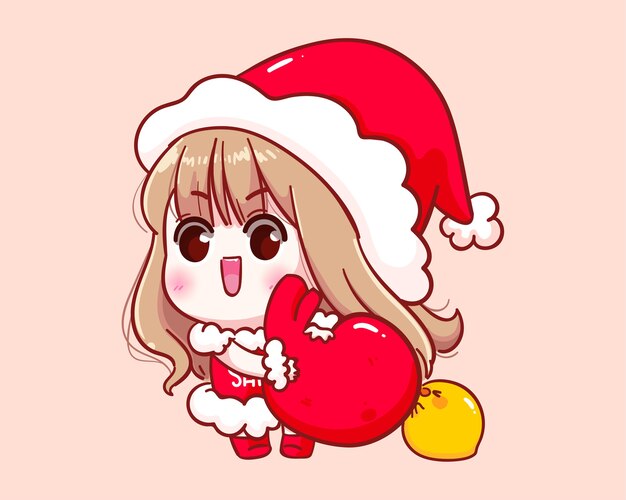 サンタクロースの衣装でかわいい女の子応援メリークリスマスイラスト プレミアムベクター