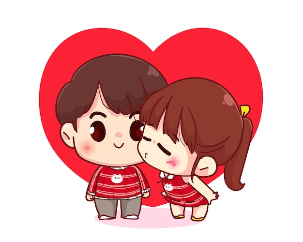 cute girl kissing her boyfriend, happy valentine, cartoon character illustration