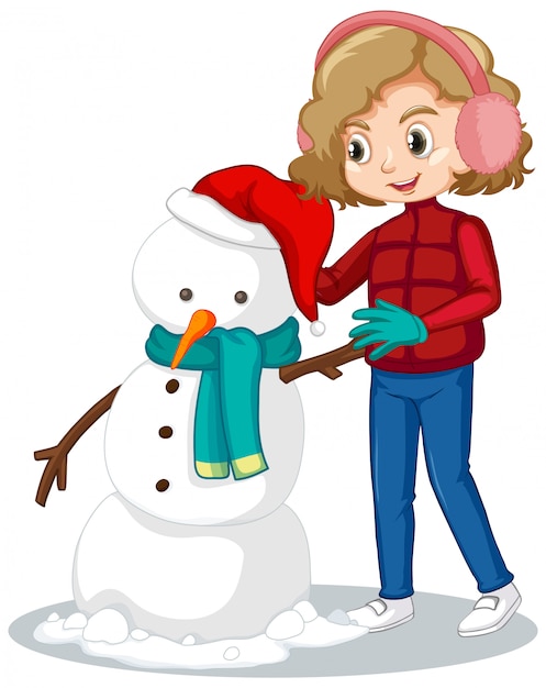 Free vector cute girl making snowman in the snow field