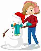 Free vector cute girl making snowman in the snow field