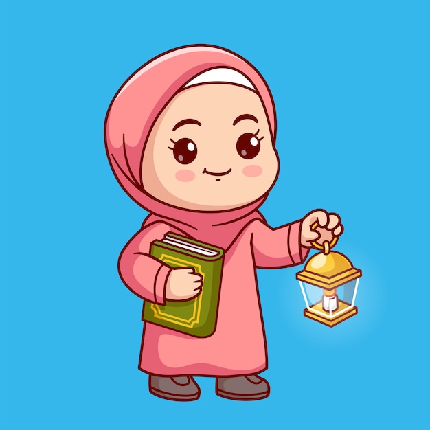 Free Vector cute girl moslem holding lantern and quran cartoon vector icon illustration people religion