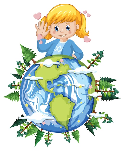 Бесплатное векторное изображение Милая девушка на планете земля мультфильм