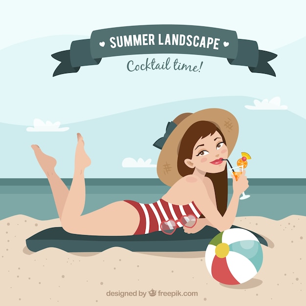 Бесплатное векторное изображение Симпатичные девушки на пляже с летними элементами
