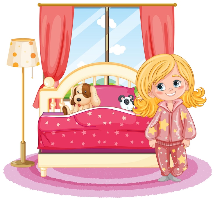 Free Vector cute girl in pajamas in bedroom at the morning