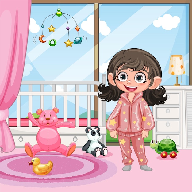 Free vector cute girl in pajamas in bedroom in the morning