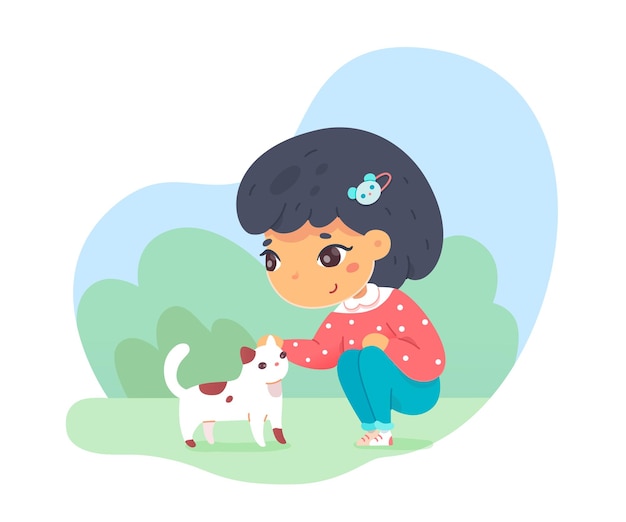 야외에서 고양이를 쓰다듬어주는 귀여운 소녀 아이 도시 공원에서 가축과 시간을 보내는 애완 동물을 돌본다 착한 아이 행동 장면 우정 의사 소통