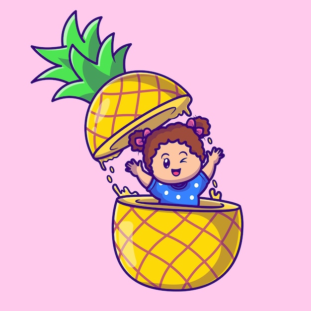 Cute girl in pineapple cartoon vector icon illustration. people fruit icon concept isolated premium vector. flat cartoon style