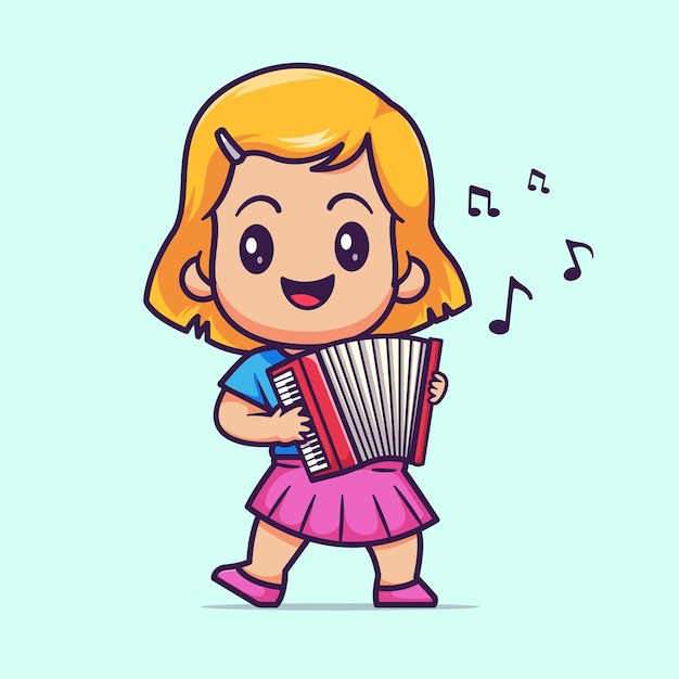 Cute Girl Playing Accordion Cartoon Vector Icon Illustration People Music Icon Concept Isolated