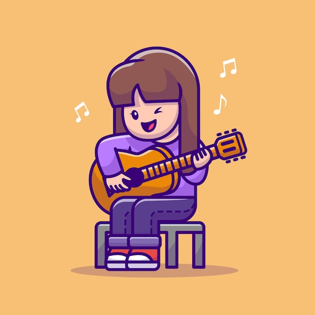 Cute Girl Playing Guitar Cartoon Vector  Illustration.