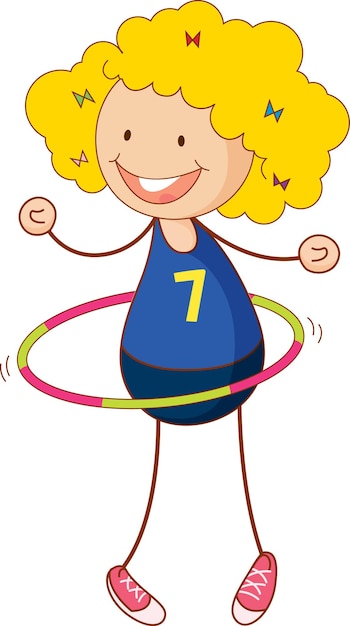 Free vector cute girl playing hula hoop cartoon character in hand drawn doodle style isolated