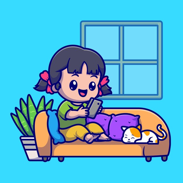 Милая девушка играет в телефон с кошкой на диване мультфильм векторные иллюстрации значок. Люди концепции животных значок изолированные Premium векторы. Плоский мультяшном стиле