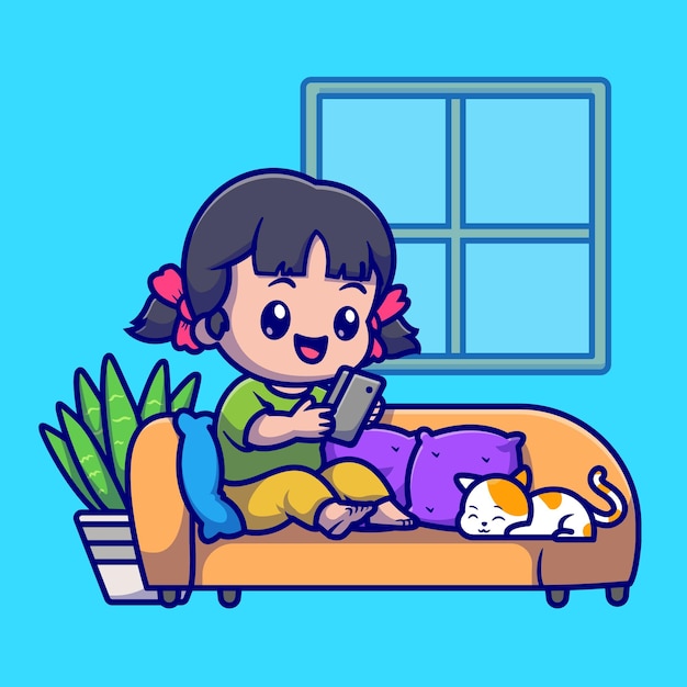 Cute girl playing phone with cat on sofa cartoon vector icon illustration. people animal icon concept isolated premium vector. flat cartoon style Free Vector