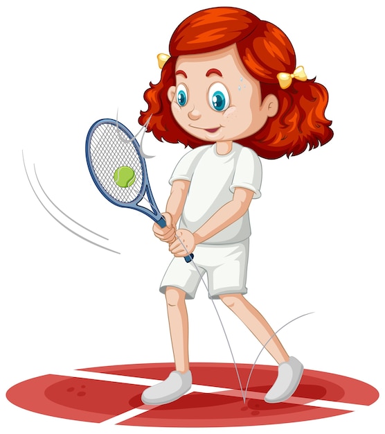 Ragazza carina che gioca a tennis personaggio dei cartoni animati isolato
