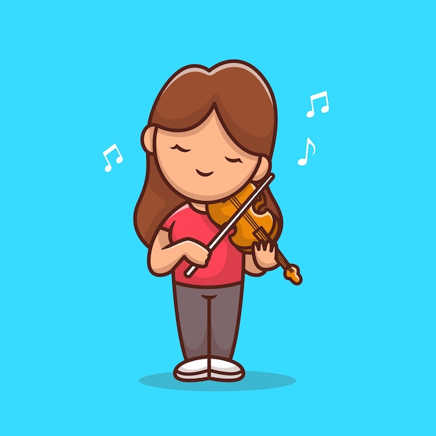 Cute Girl Playing Violin Cartoon Illustration. People Music Icon Concept