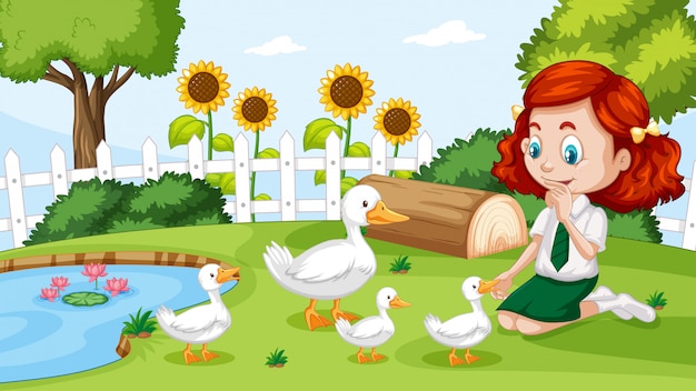 Free vector cute girl playing with duck