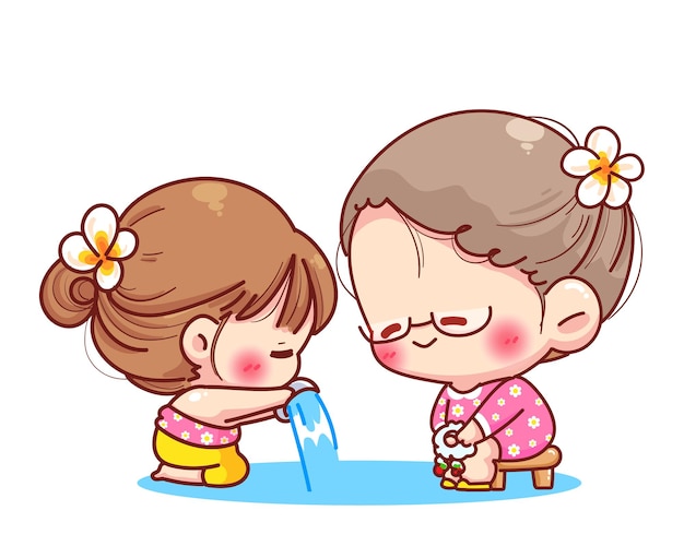 Cute girl pour water on the hands of revered elders Songkran festival sign of Thailand cartoon illustration